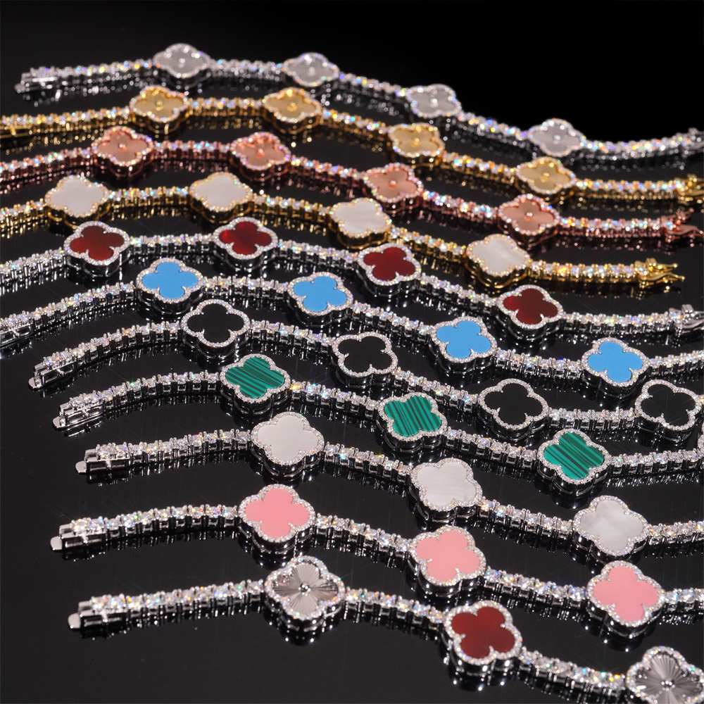 New S925 Silver Moissanite Bracelet European and American Hip-Hop 3mm Clover High-End Tennis Chain Jewelry