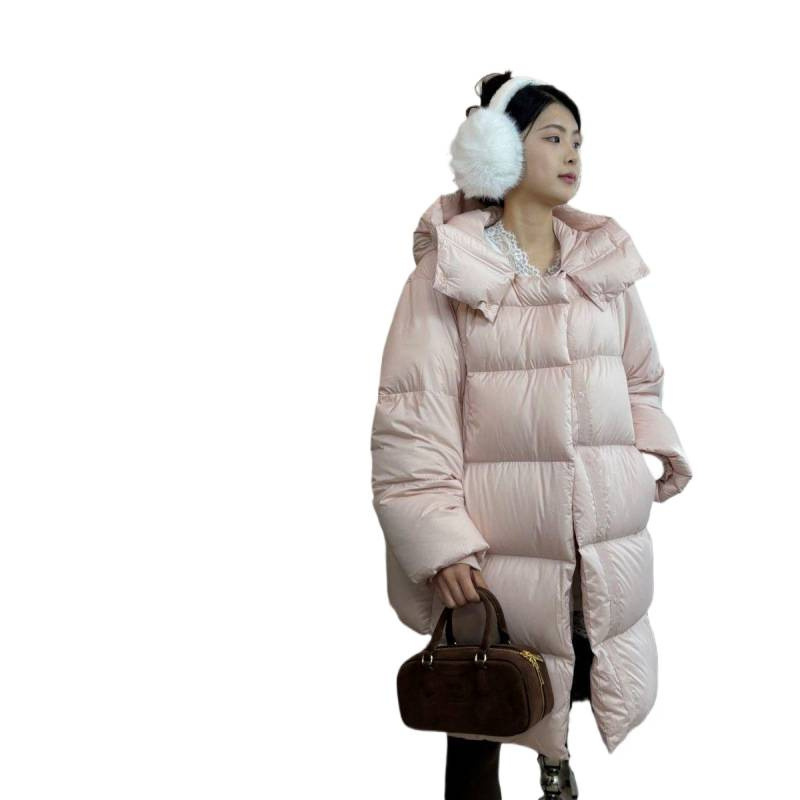 New Cocoon-Shaped Cloud Puff down Jacket for Women, Mid-Length Over-The-Knee Hooded Loose Korean Style White Duck down Jacket Trendy