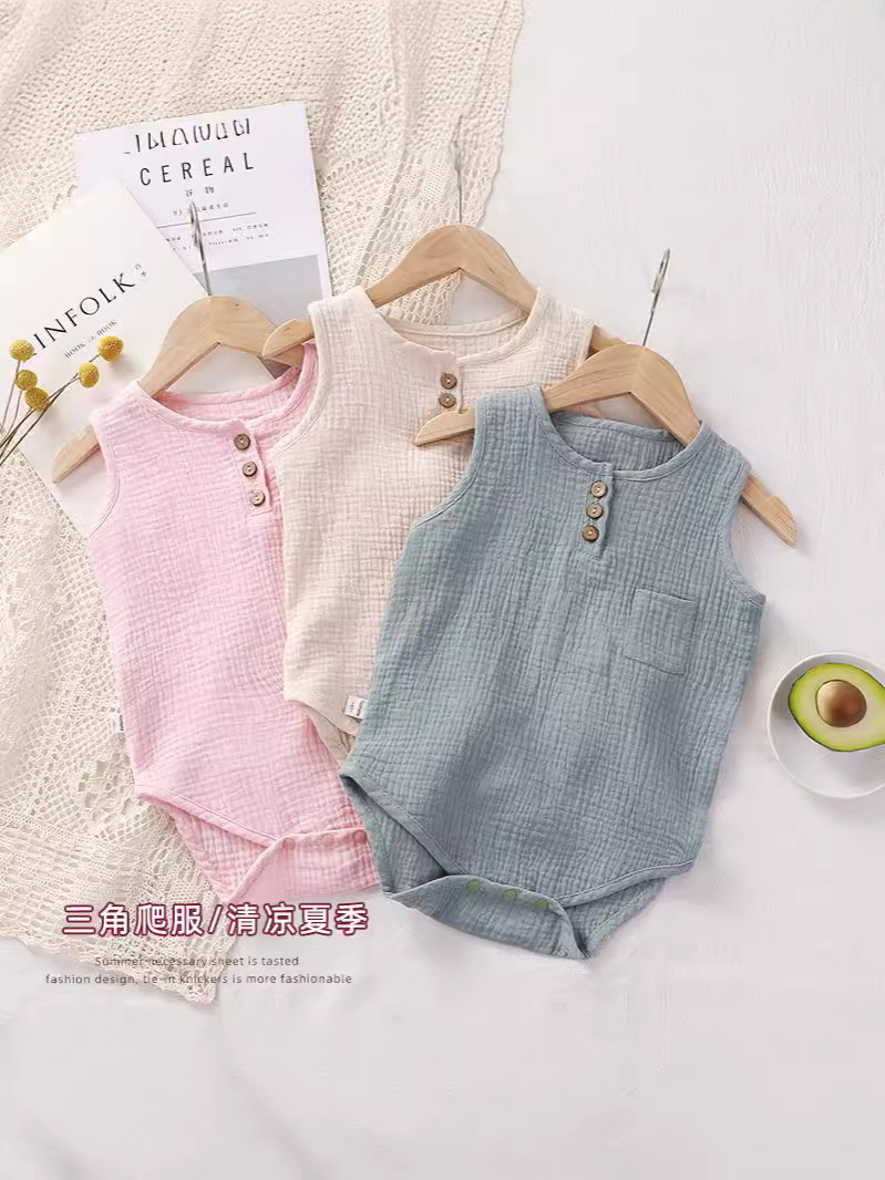 Baby's Jumpsuit Summer Thin Cotton Gauze for Boys and Girls Baby Sleeveless Bag Fat Clothes Pajamas Baby Triangle Climbing Clothes
