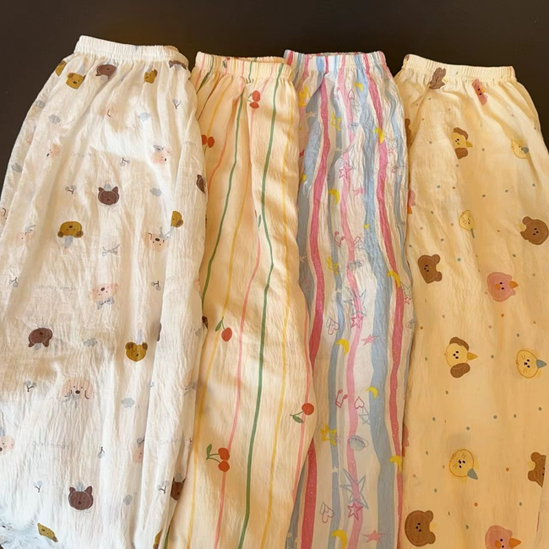 Пижамные штаны, женские, летние, белые, с щенком, тонкие, домашние, милые, повседневные, свободные, высокие, прямые