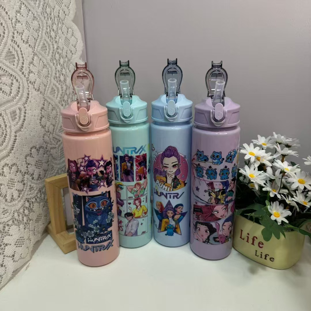 Foreign Trade Cross-Border Witch-Hunting Group Cartoon Straw Water Kettle Large-Capacity Pop-Up Lid Satchel Plastic Water Cup Space Cup