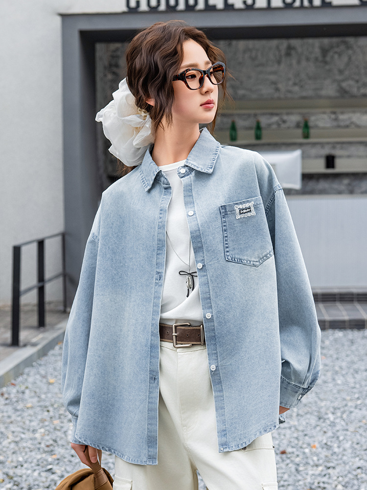Junior High School Students Denim Shirt Coat Spring and Autumn 2025 New Top Long Sleeve Lapel Casual Shirt for Middle and Big Children