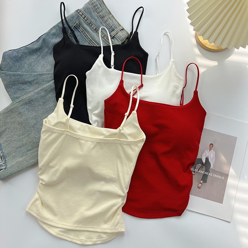 New Pure Desire Sweet and Spicy Design Pleated Camisole for Women with Breast Pads for Inner Wear and Outer Wear Slim Back Top Summer