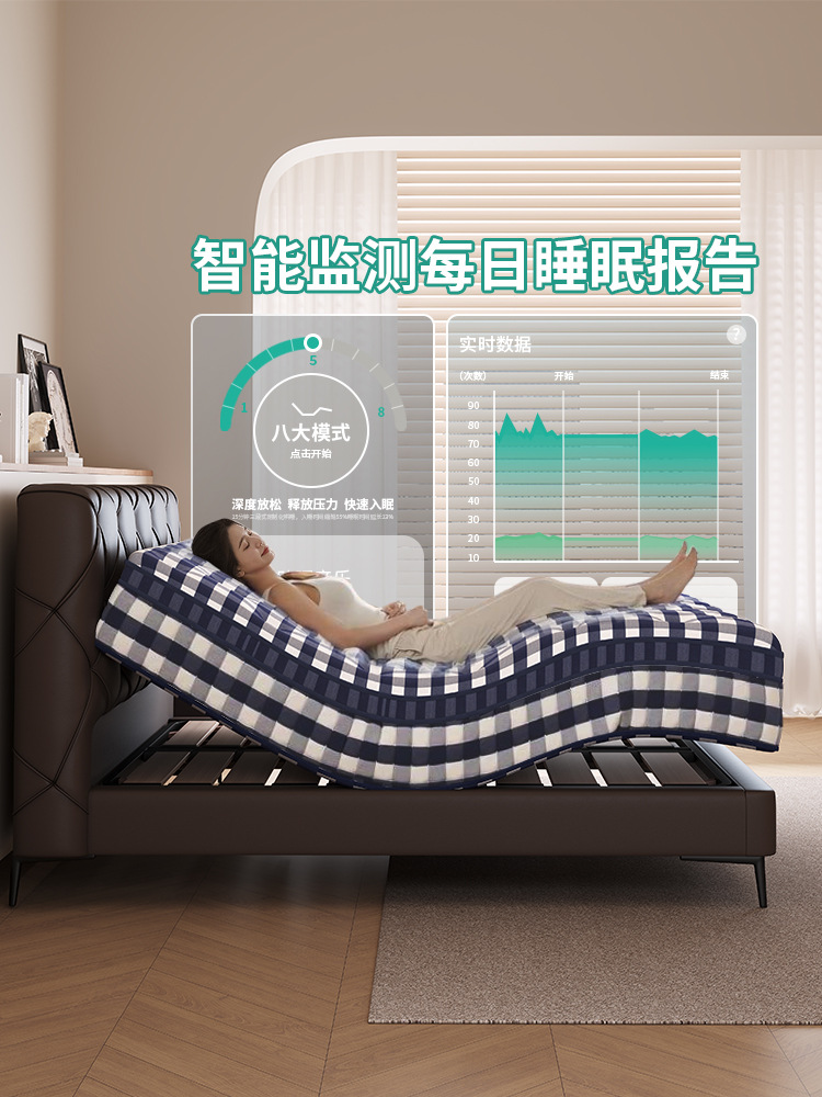 Blue Plaid Smart Mattress Multi-Functional Zero-Gravity Electric Lifting Vibration Massage Anti-Snoring Aid