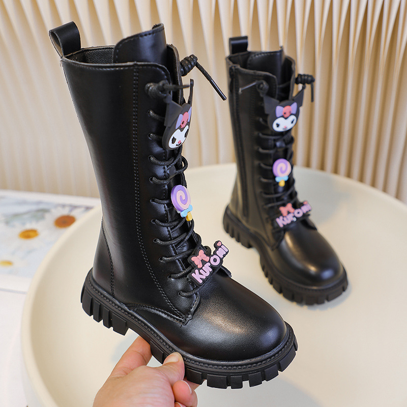 Girls' Kuromi Boots Autumn and Winter 2025 New Boots Fleece-Lined Boots Kidsren's High Boots Princess Leather Boots