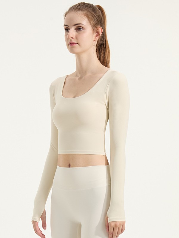 Autumn and Winter Cross-Back Yoga Wear Long-Sleeved Women's One-Piece Fixed Cup Slim Backless U-Neck Sports Fitness Top