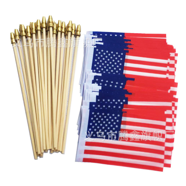 Ready Stock Polyester Fabric American Independence Day Hand-Waving Flag with Wooden Plastic Flagpole American Hand-Held Flag