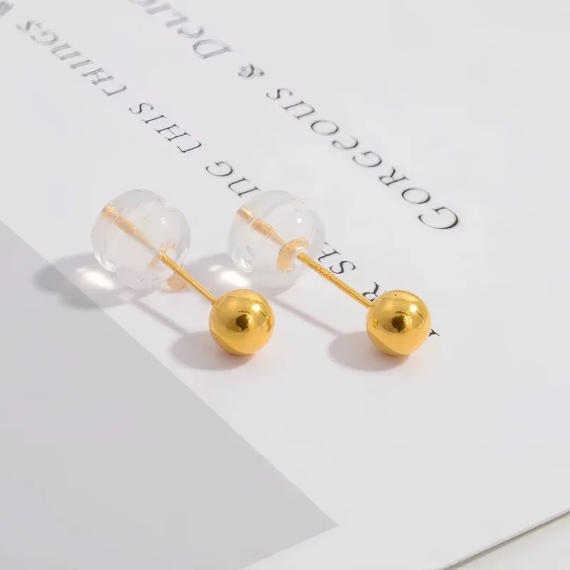 18K Gold 4mm Smooth Bead Stud Earrings Au750 Solid Color Gold Earrings Gift Live Water Shell Gold