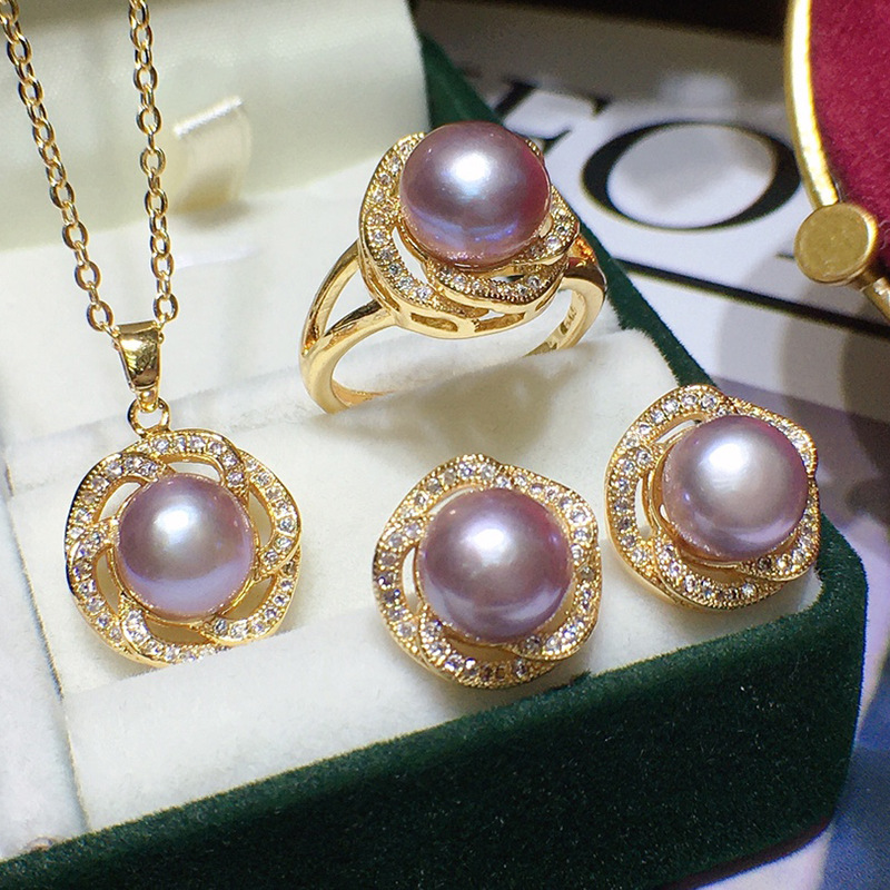 Freshwater Pearl Necklace Women's All-match Set Fashion Jewelry Wholesale Earrings Ring Pendant Three-piece Set T04
