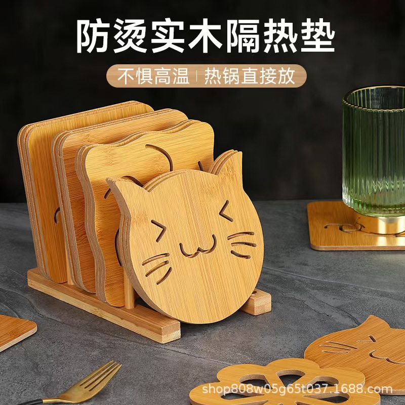 Wooden Cartoon Cut Out Coaster Desktop Insulation Mat Square Animal Placemat Solid Wood Creative Cute Coffee Cup Holder