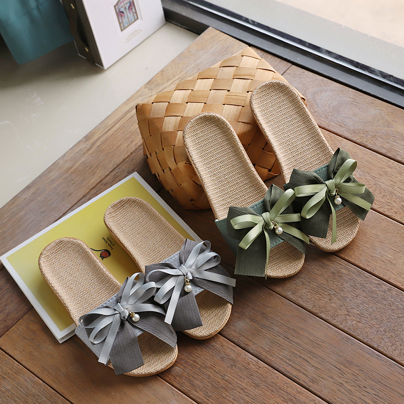 Slippers Women's Summer Indoor and Outdoor Home Floor Non-Slip Office Slippers Home Cute Bow Linen Slippers