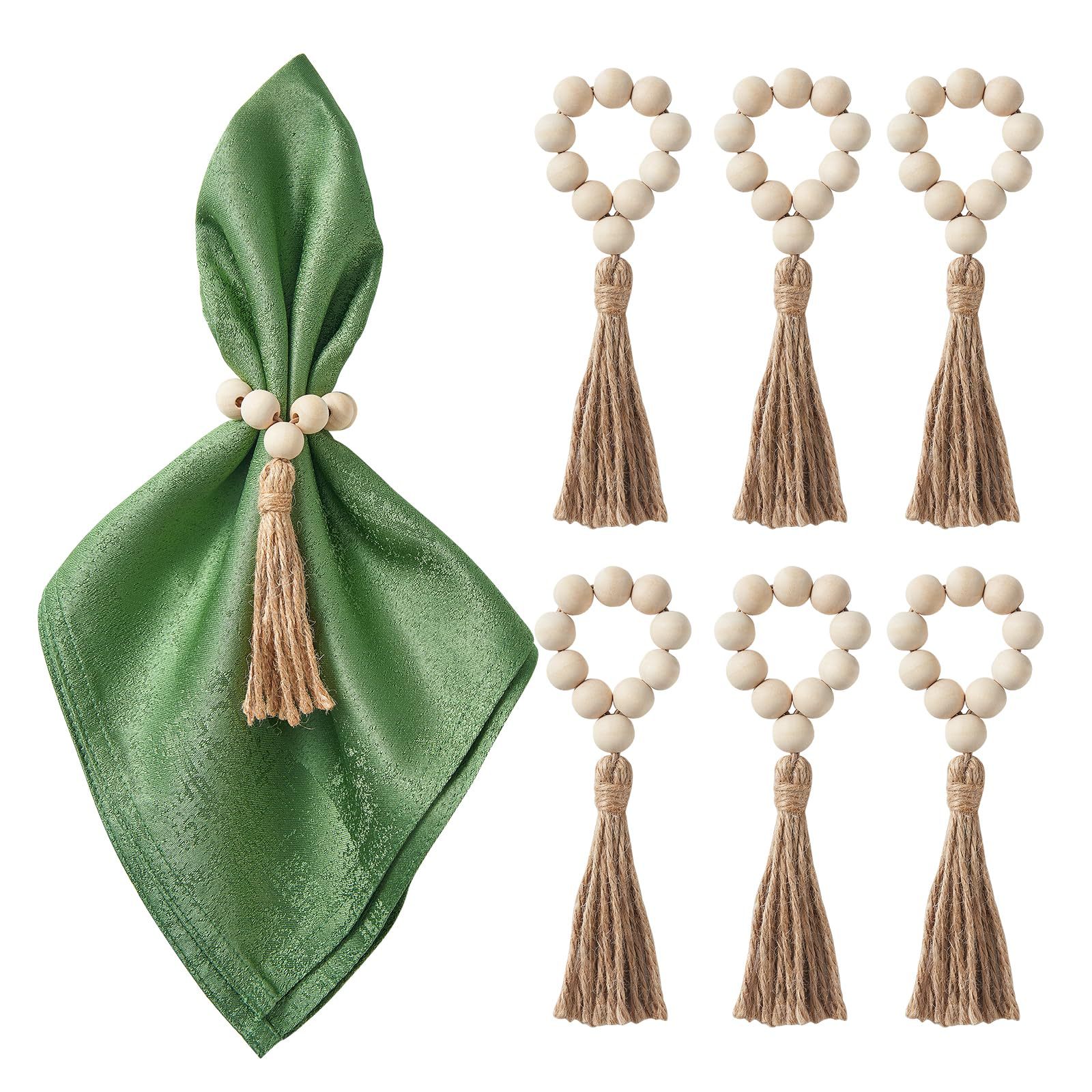 Hot Cross-border Wind Hemp Rope Log Color Wood Beads Tassel String Napkin Buckle Hand-woven Napkin Ring