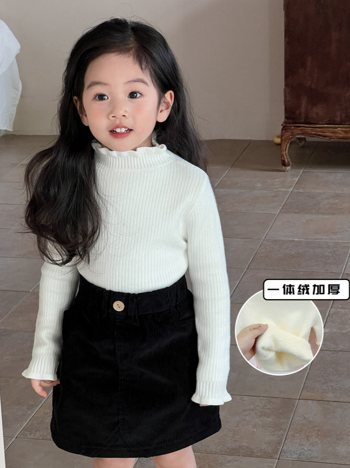 New Autumn and Winter Children's One-Piece Fleece Sweater, Warm Fleece-Lined Knitwear, Korean-Style Lace Collar Base Shirt, Children's Clothing for Babies