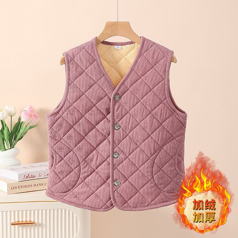 Mom's Fleece-Lined Corduroy Three-Dimensional New Chinese Style Young Embossed Waistcoat Fashionable Warm Autumn and Winter Thickened Vest