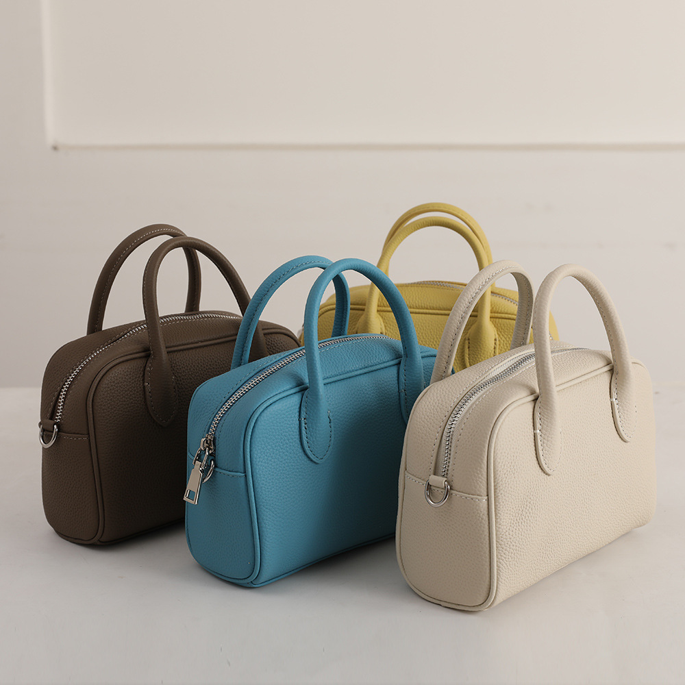 Korean Style Top Layer Cowhide Bowling Bag Women's Handbag Crossbody Bag Boston Bag Genuine Leather Small Bag