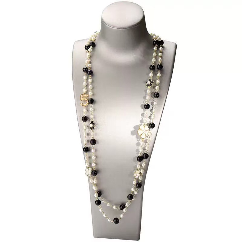 Cross-Border Fashion Korean Style French Pearl Necklace Alloy Dripping Oil Double-Sided Flower Inlaid Diamond Retro Long Necklace
