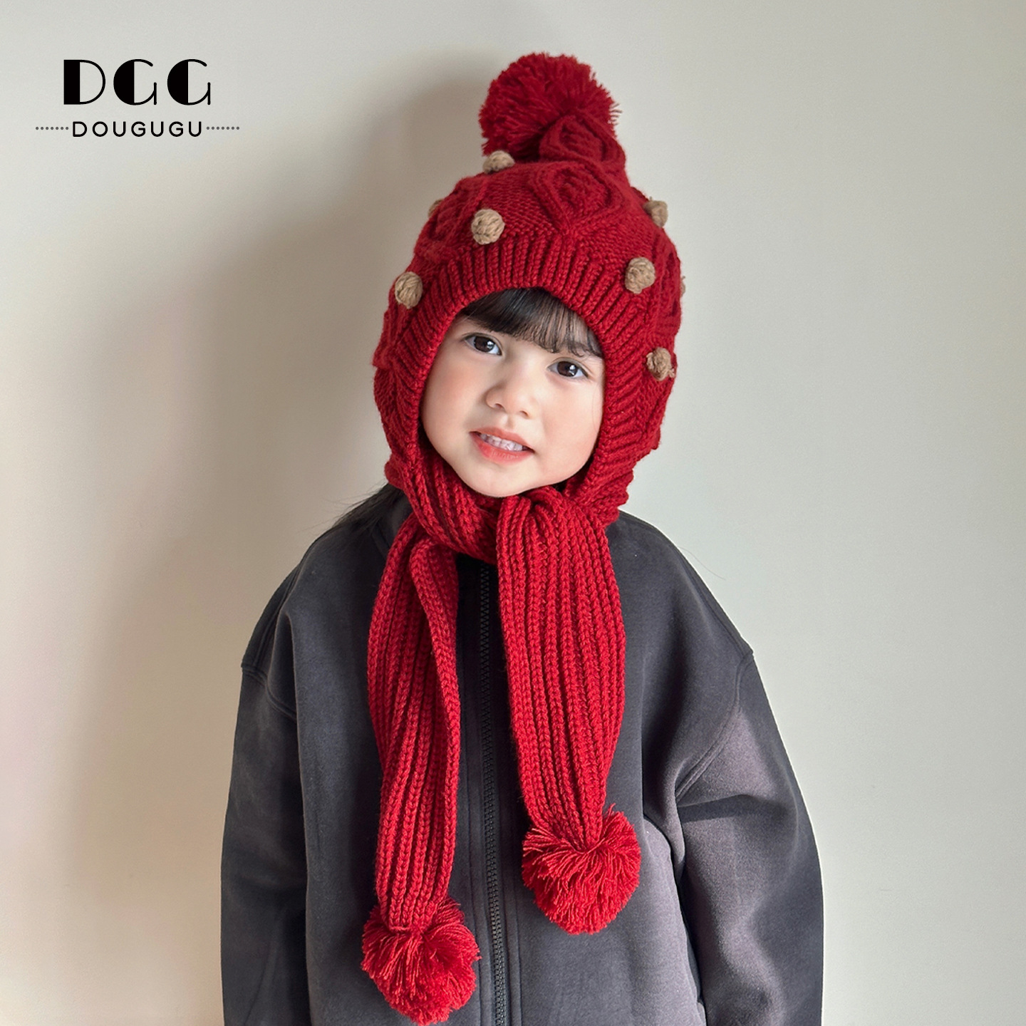 Зимняя вязаная шапка и шарф для детей, утепленная шапка с защитой ушей, корейский стиль, красная шершавая шапка для девочек на Новый год