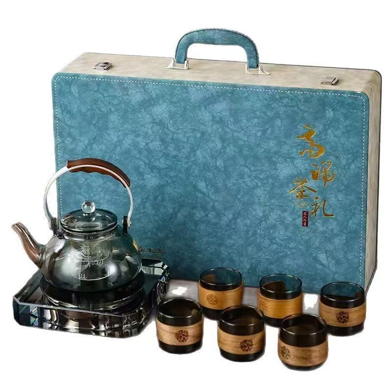 New High-End Business Event Souvenirs, Holiday Gifts, Solid Wood Electric Ceramic Stove, Heat-Resistant Glass Tea Set Gift Box Set