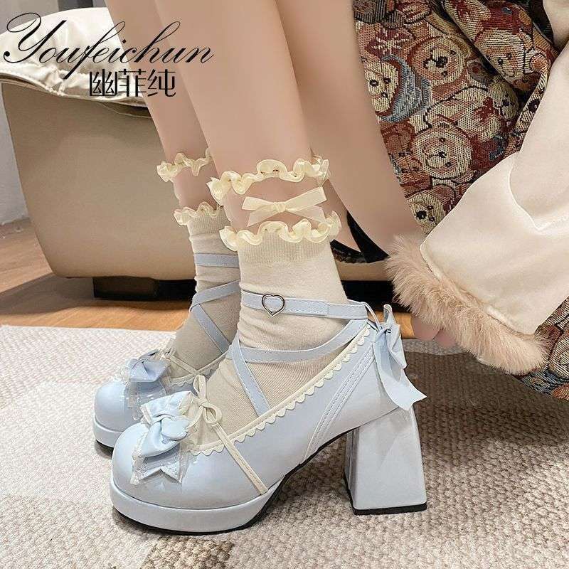 Original Lolita Thick Heel Thick Sole Waterproof Platform Blue Japanese Style Soft Girl Sweet and Cute Bow Shoes for Women