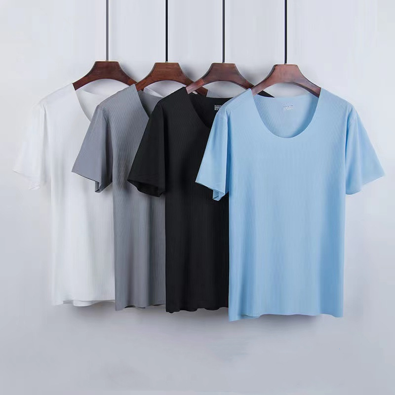Ice Silk Pajamas Men's Summer Home Clothes Set Modal Seamless Crewneck Thin Short Sleeve Men's T-shirt Wholesale