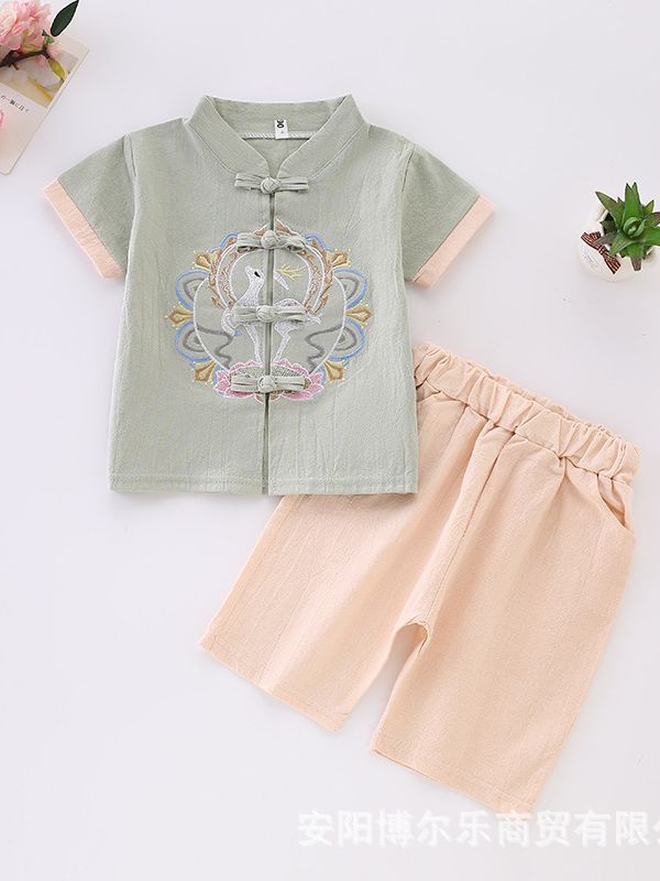 Hanfu Ethnic Style Boys' Cotton and Linen Short-Sleeve Outfit Baby Traditional Chinese Children's Tang Suit Ancient Style Performance Costume