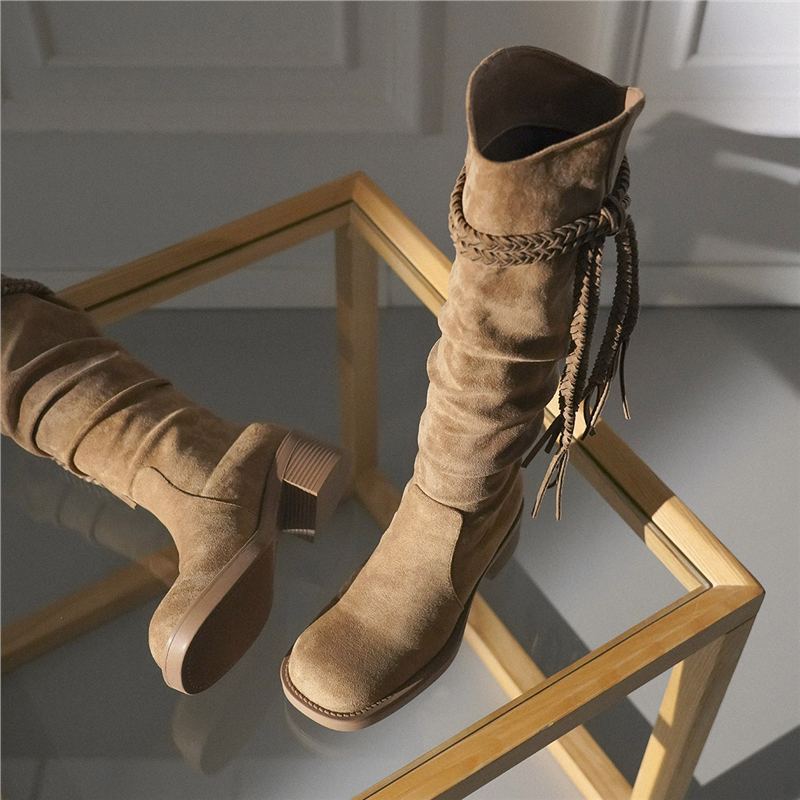Sheepskin Version ~ Wasteland Retro Style Thick-Soled Boots for Women, Fashionable New Frosted Tassel Hemp Rope Thick Heel High Boots