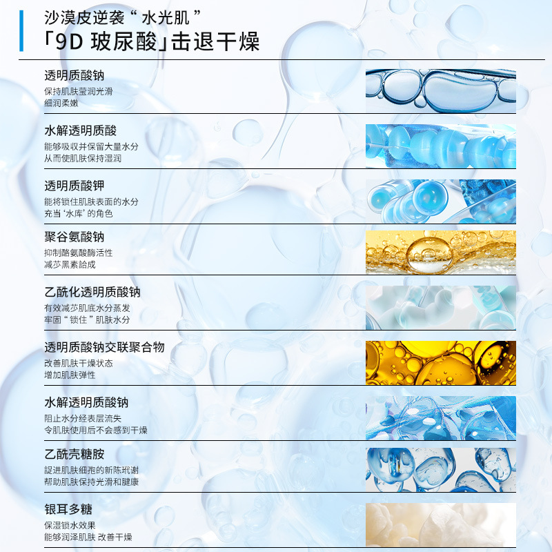 9D Hyaluronic Acid Essence Liquid Second-Generation Processing Hyaluronic Acid Large, Medium and Small Molecules Hydrating and Moisturizing