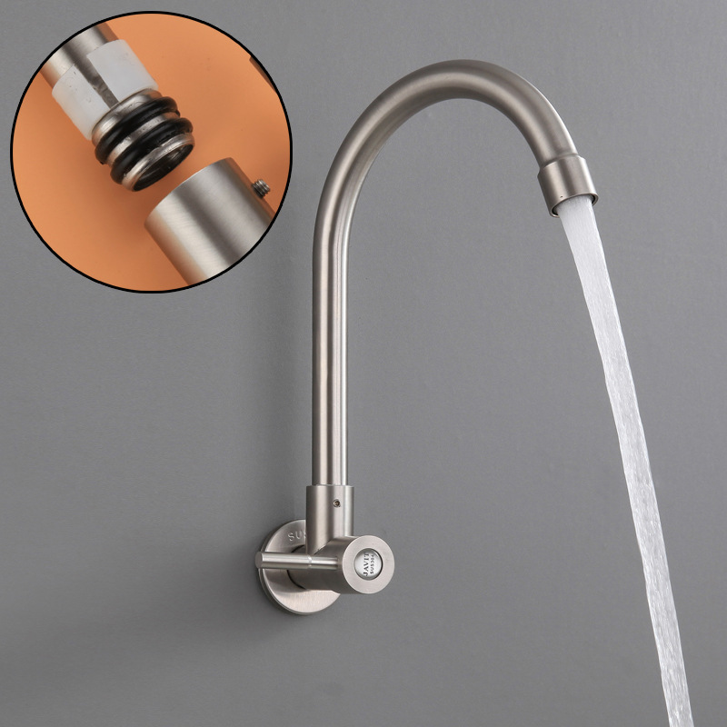 Wall-Mounted Kitchen Faucet, Single Cold Water, 304 Stainless Steel, for Sink, Dishwashing, Laundry Sink, Washbasin, Sink, Stove