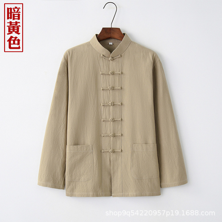 Chinese Style Tang Suit Men's Long-Sleeved Spring & Fall Cotton and Linen Middle-Aged and Elderly Chinese Style Disc Button Tai Chi Suit Bottoming Shirt Han Dynasty Layman Suit
