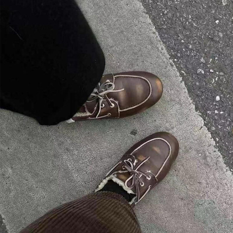 In-Stock Cowhide Version~ New Korean Style Distressed Round-Toe Fleece-Lined Loafers Versatile Genuine Leather Flat Shoes for Women