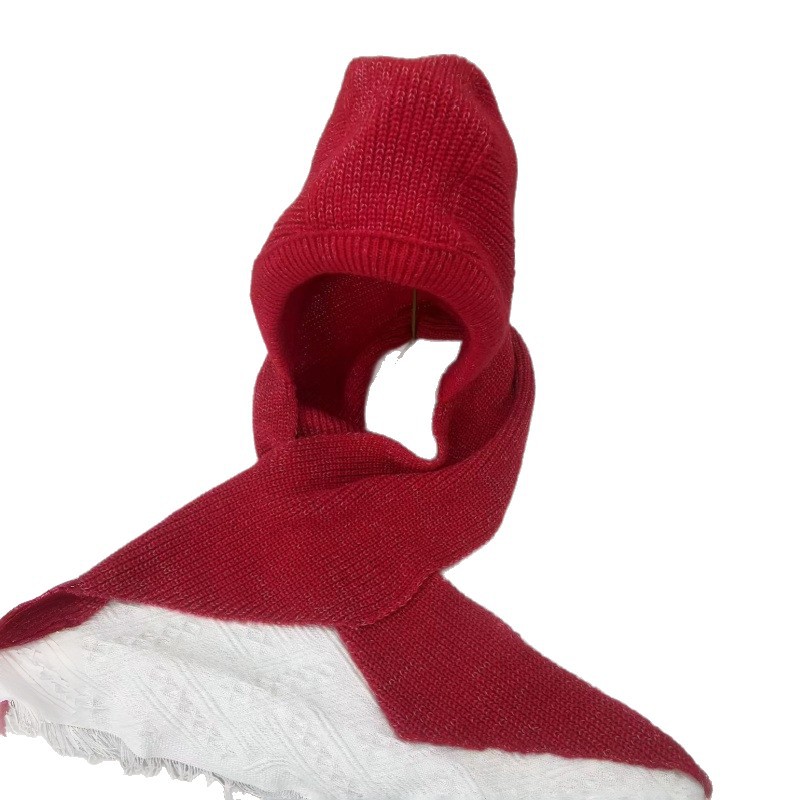 New Red Hat and Scarf All-In-One Warm Knitted Hat for Women Autumn and Winter Cold Protection Ear Protection Wool One-Piece Hat Cross-Border
