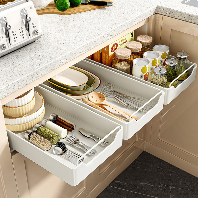 Kitchen Pull-Out Storage Rack with Built-In Slide Rail under the Sink Pull-Out Basket Cabinet Drawer-Type Ultra-Deep Storage Box Artifact