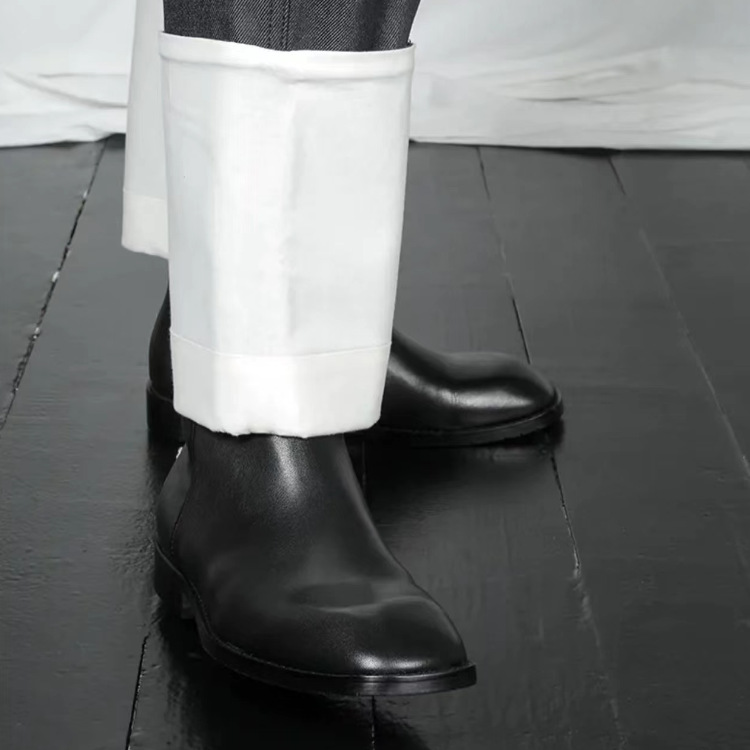 Retro Korean Style Autumn and Winter British Chelsea Men's Leather Boots Increased Square Head High Top Martin High Street Boots for Men