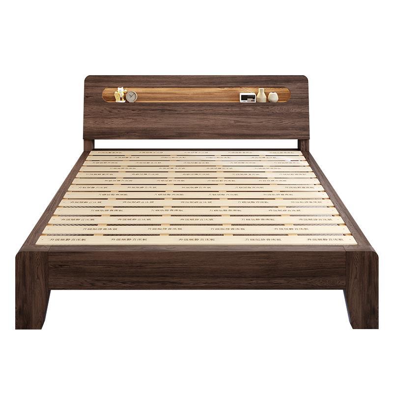 Solid Wood Bed Walnut Color for Home Bedroom 1.5m Panel Double Bed 1.8m Single Bed Frame for Rental House 1.2m