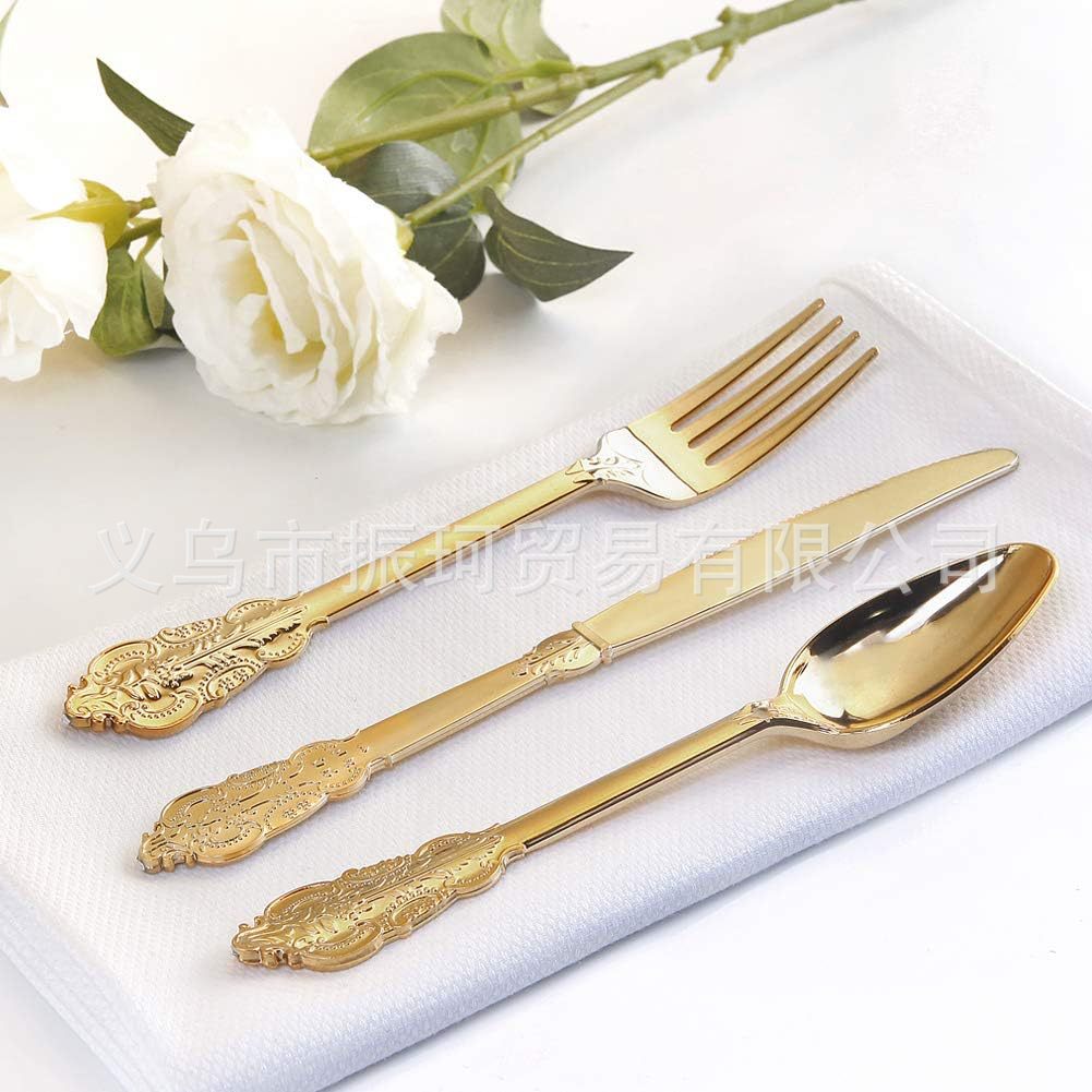 Factory Price Spot Direct Sales Retro Embossed Gold Disposable Plastic Cutlery, Forks and Spoons Party Wedding Tableware