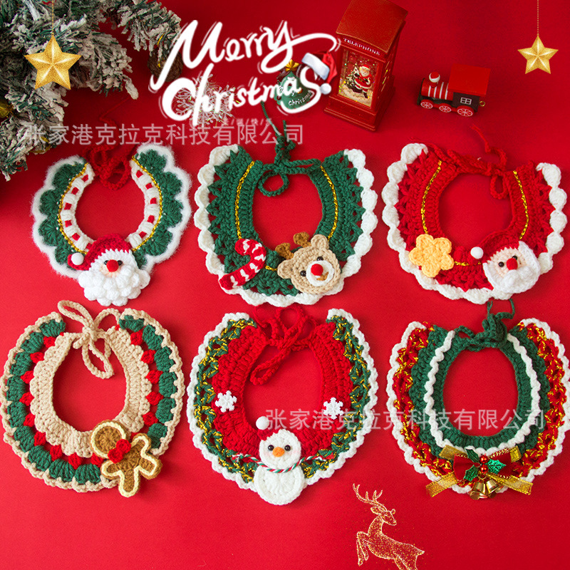 Christmas Pet Scarf Ornament for Cats and Dogs, Knitted Scarf Collar with Reindeer, Santa Claus, and Snowman Designs