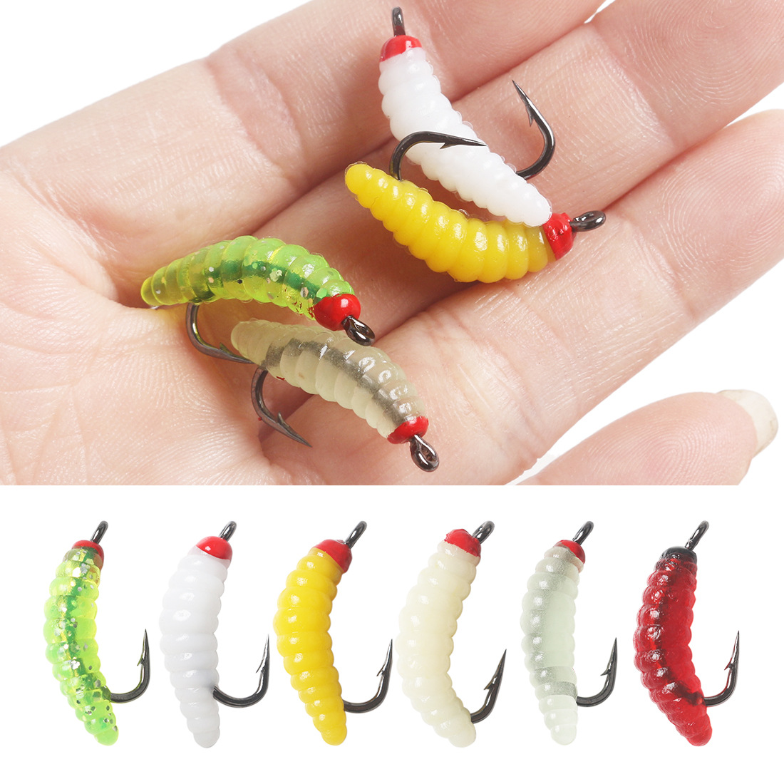 Luya Fake Bait with Hook Bread Worm Maggot Imitation Bait Bionic Maggot Soft Bait Horse Mouth Hook Turned-up Luofei Grass Carp White Strip