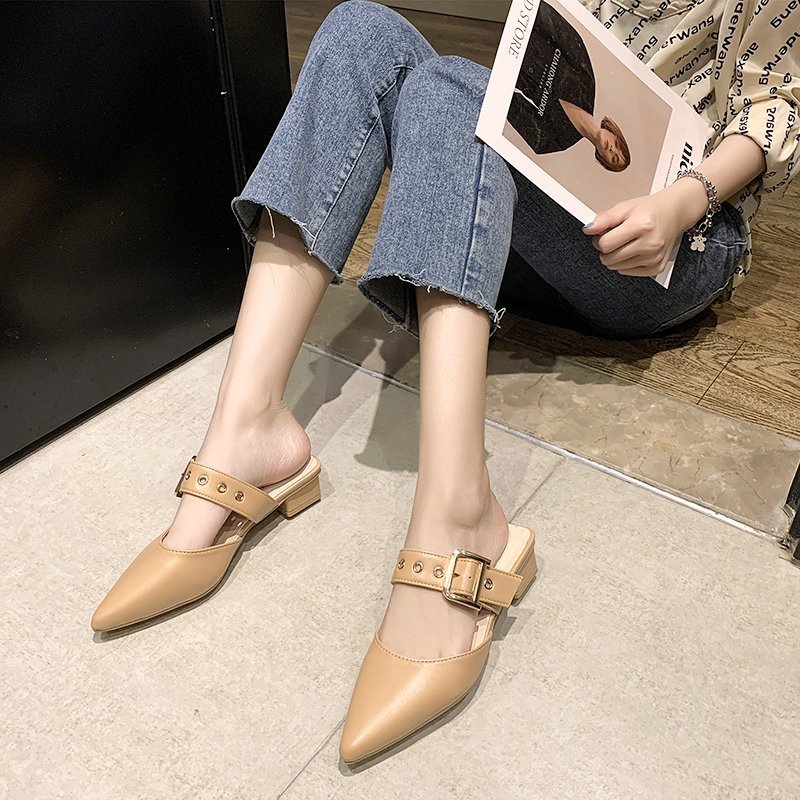 Belt Buckle Half Slippers for Women to Wear Outside 2025 Summer New Korean Style Pointed Toe Thick Heel Toe Slippers for Women Dropshipping