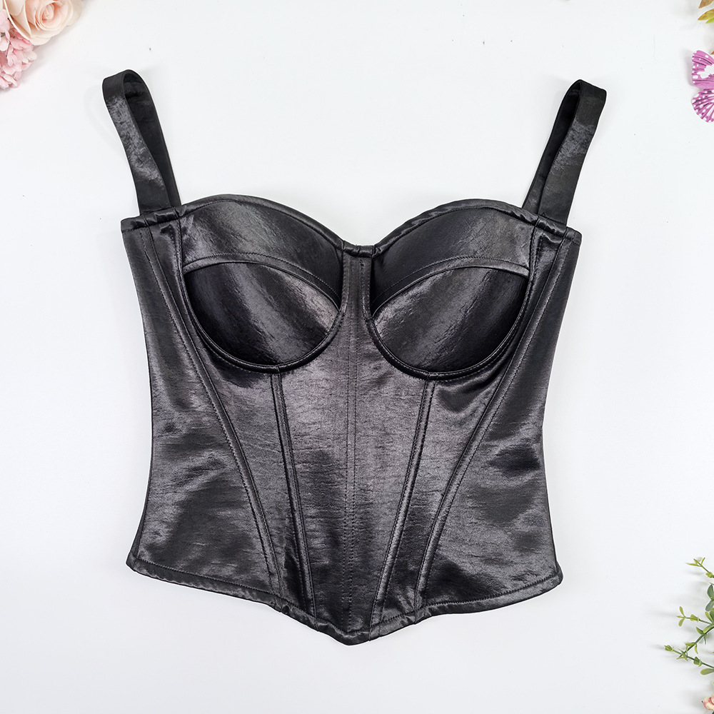 Acetate Satin Camisole Tube Top Bra for Outerwear, Nordic Style, Push-Up, Beautiful Back, Side Breast Gathering, Fishbone Bra