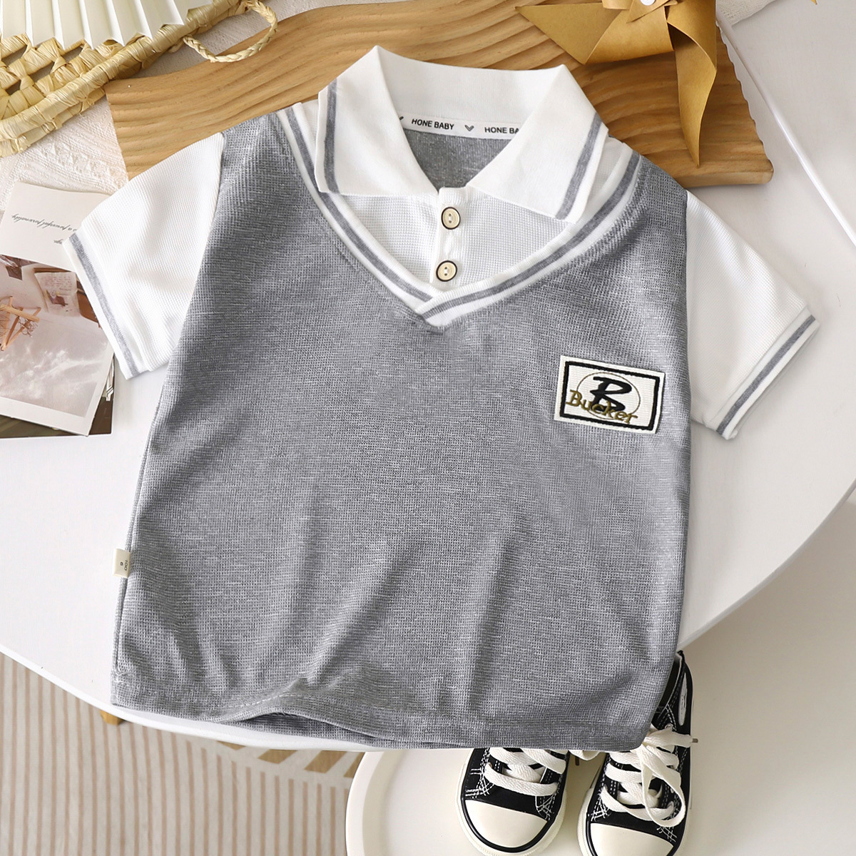 Summer Children's Polo Shirt Korean Academy Style Fake Two-piece Short-sleeved T-shirt Lel Half-sleeved Top for Boys and Girls