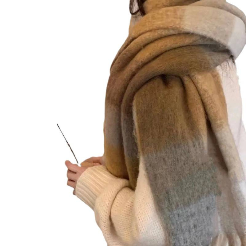 Autumn and Winter New Thickened Warm Rainbow-Colored Plaid Scarf European and American Loop Yarn Thick Tassel Color-Blocking Shawl