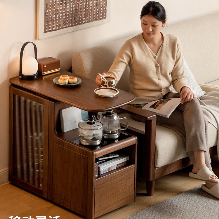 North American Black Walnut Tea Cabinet Multi-Functional Solid Wood Coffee Table Kettle Integrated Removable Tea Table