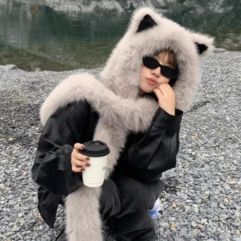 New Plush Fox Ear Scarf Hat Winter Fluffy 2025 Face-Slimming Warm Ear-Protecting Trapper Hat