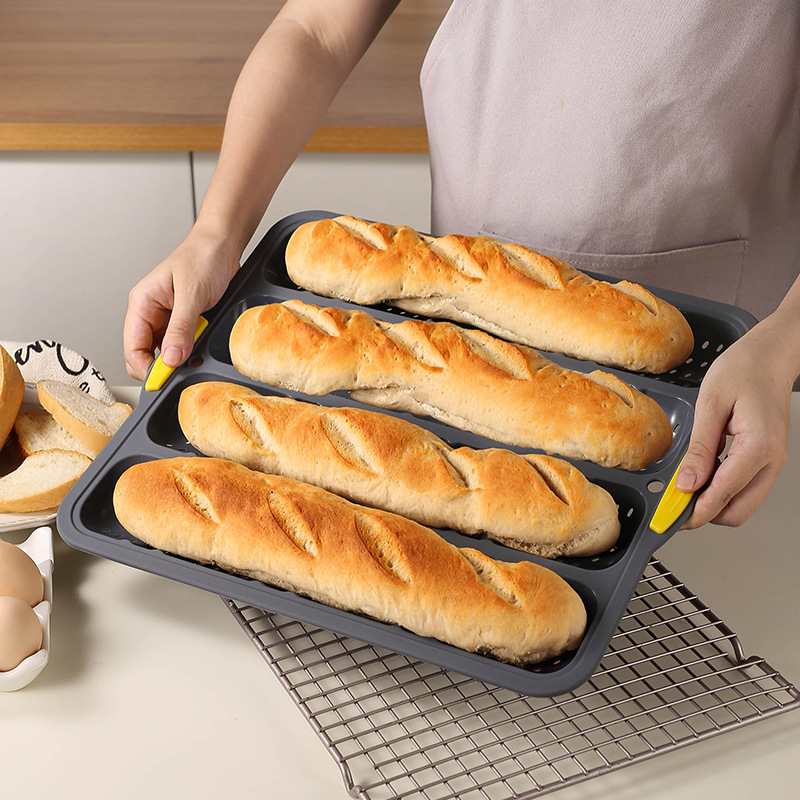 4-Slot Large Silicone Baguette Mold with Iron Frame to Prevent Deformation, Anti-Stick Opening, Easy to Demould French Bread Baking Pan