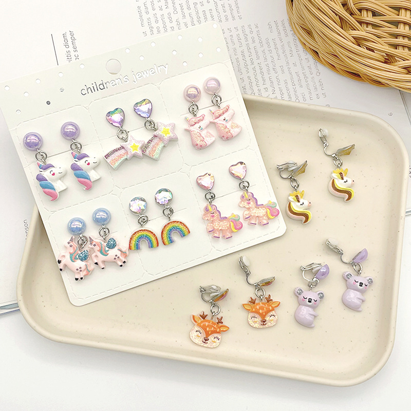 [Can] Cross-Border Best-Selling Kidsren's Cartoon Long Anti-Pain Ear Clips Six Pairs Set Little Girl Gift Earrings