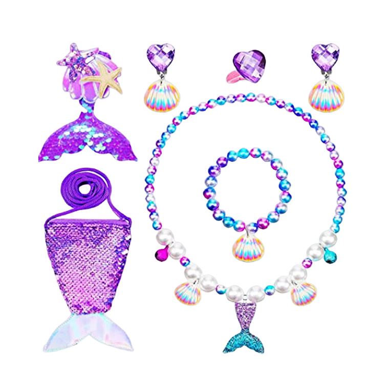 Cross-border children's necklace mermaid dazzling fishtail shell bracelet necklace earrings suit girl princess accessories