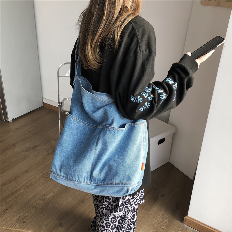 2025 New Hong Kong Style Fashion Denim Crossbody Bag for Women K-Style Ins Lazy Style Shoulder Bag Student Backpack Trend