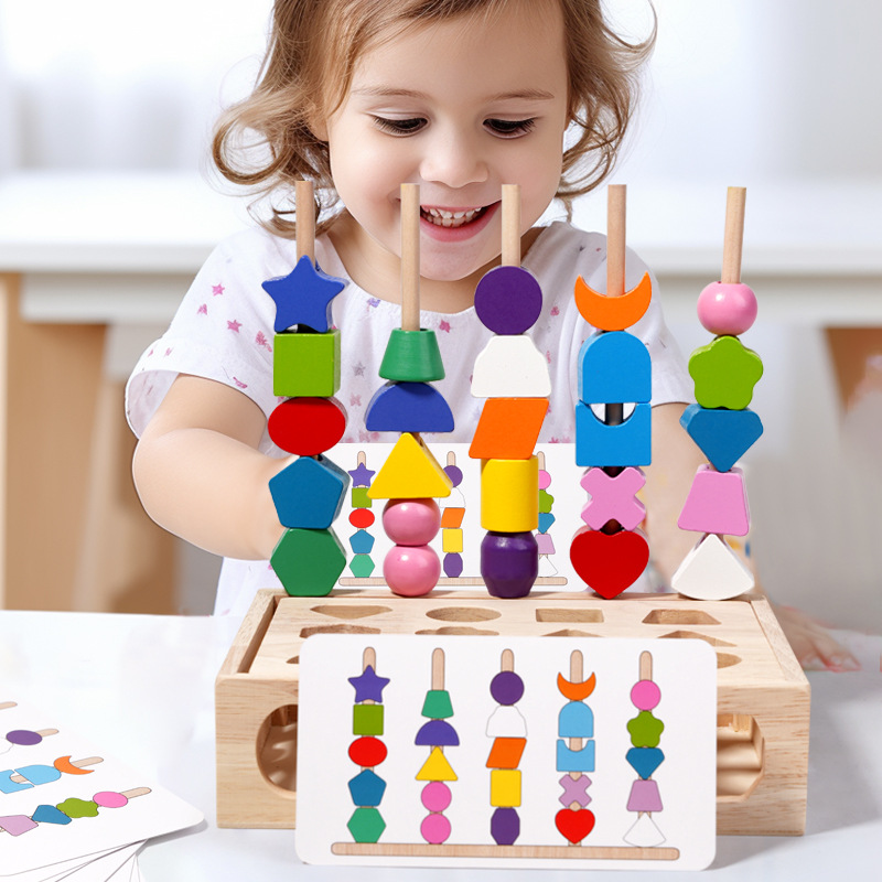 Children's Wooden Toys Geometric Shape Matching Color String Building Blocks Colorful Five Sets of Columns Enlightenment Early Education Intelligence Box