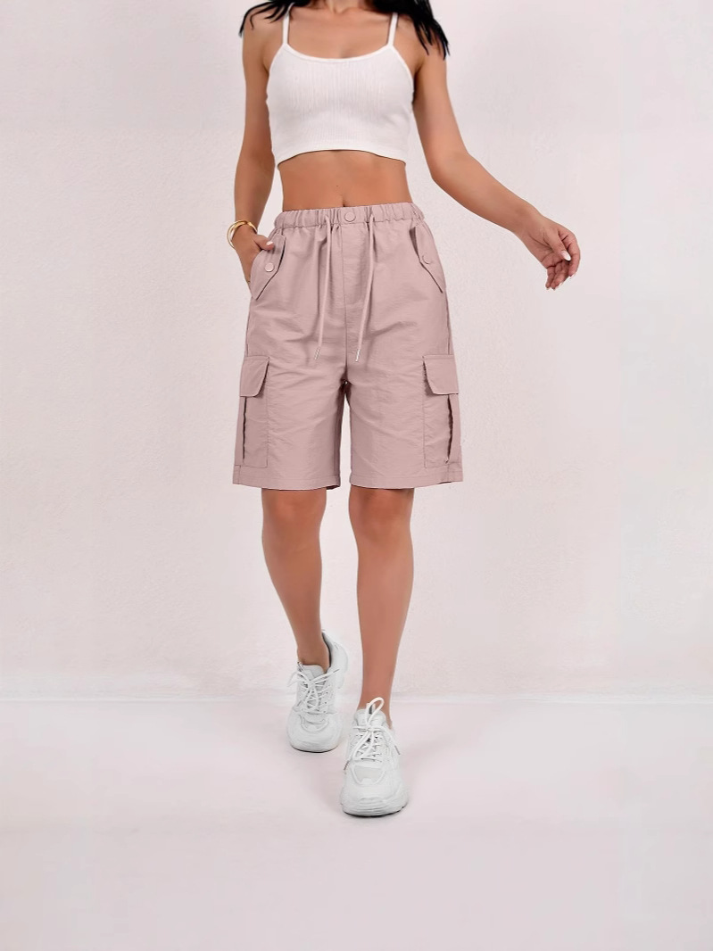 American-Style Plus-Size Women's Cargo Shorts for Summer with Elastic Waistband, Pockets, Wide-Leg, Casual Knee-Length Shorts, European and American Cross-Border