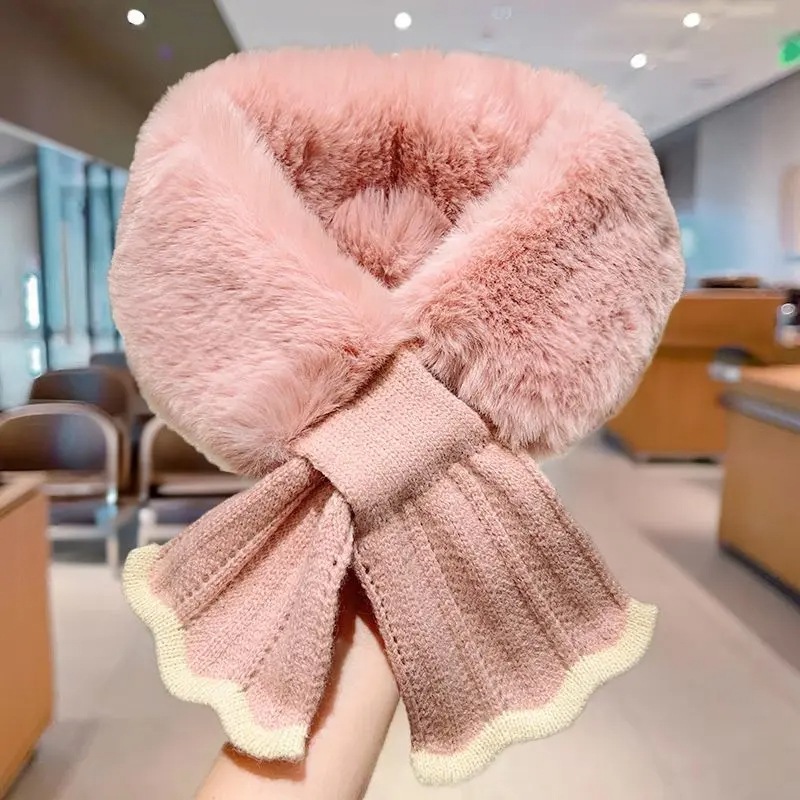 Fashionable Fish Tail Plush Cross Scarf Autumn and Winter Korean Style Knitted Scarf for Girls New Thickened Warm Fur Collar